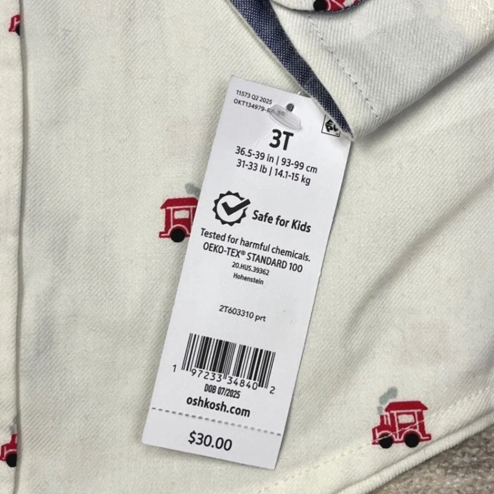 OshKosh B'gosh Toddler Boys White Red Train Print Button Down Shirt 3T NEW